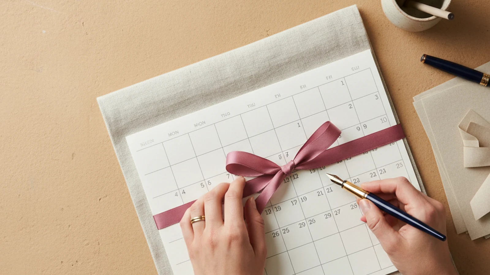 Editorial-Kalender mit pinkem Datums-Marker, Schreibwerkzeug daneben