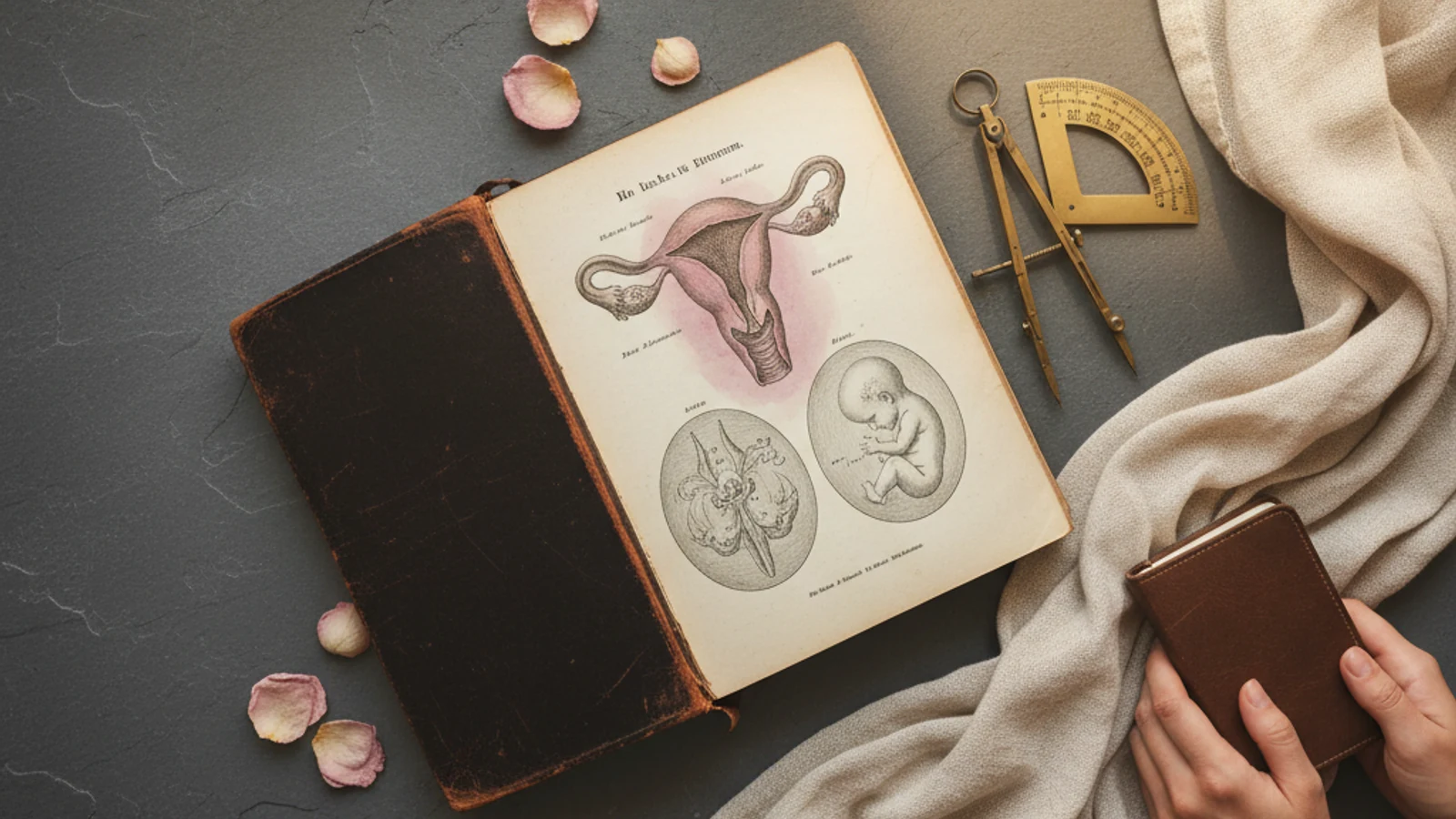 Vintage Anatomie-Buch auf grauem Untergrund mit Messing-Werkzeugen, scholarly atmosphere