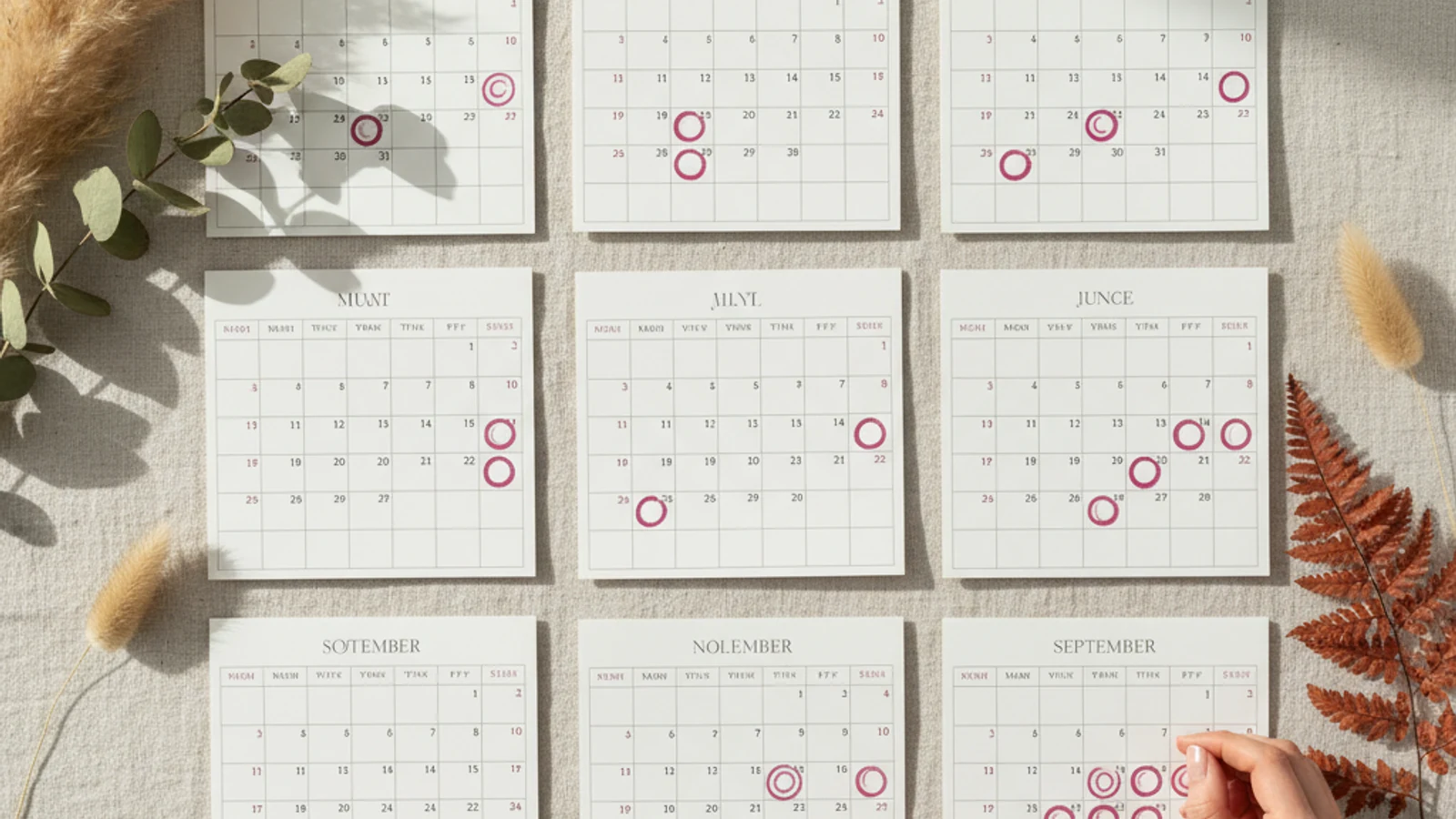 9-Monats-Kalender-Spreads mit pinken Markern, dried botanicals